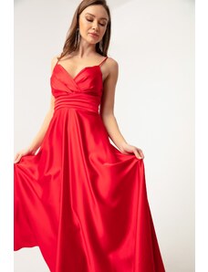 Lafaba Γυναικείο Κόκκινο Σατέν Μίντι Βραδινό Φόρεμα με Τιράντες και Ζώνη Μέσης &; Φορέματα Prom