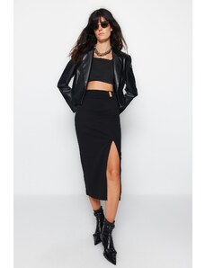 Trendyol Black Crepe Buckle Maxi High Waist Elastic Knitted Skirt with Slit Detail