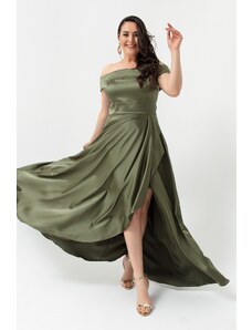 Lafaba Γυναικεία Χακί Κολάρο Σκάφους Plus Size Σατέν Βραδινό &; Prom Φόρεμα