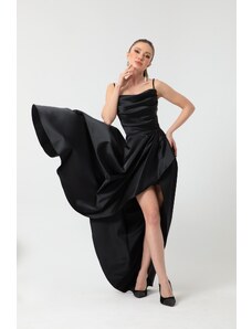 Lafaba Γυναικείο Μαύρο Βραδινό Φόρεμα &; Φόρεμα Prom με Βολάν και Σχισμή σε Σατέν