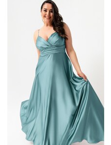 Lafaba Γυναικείο Plus Size Σατέν Μακρύ Βραδινό &; Prom Φόρεμα με Τυρκουάζ Σχοινί