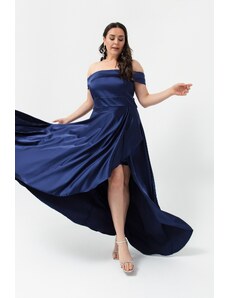 Lafaba Γυναικεία Navy Blue Boat Collar Plus Size Σατέν Βραδινό φόρεμα &; Prom φόρεμα