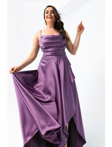 Lafaba Γυναικείο Λεβάντα Plus Size Σατέν Βραδινό Φόρεμα με Βολάν και Φόρεμα Prom Prom Slit