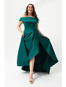Lafaba Γυναικείο Σμαραγδένιο Πράσινο Plus Size Σατέν Βραδινό Φόρεμα &; Φόρεμα Prom με Γιακά Σκάφους