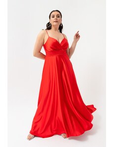 Lafaba Γυναικείο Plus Size Σατέν Μακρύ Βραδινό Φόρεμα &; Φορέματα Prom με Τιράντες και Κόκκινες Κλωστές