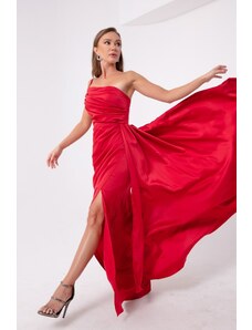 Lafaba Γυναικείο Κόκκινο Ένας-Ώμος Σατέν Βραδινό Φόρεμα &; Φόρεμα χορού