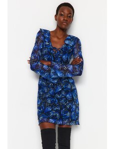 Trendyol Blue Printed Τούλι Lined Lined Mini Skater/Πλεκτό φόρεμα μέσης με λεπτομέρεια γραβάτας