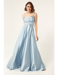 Lafaba Γυναικείο Baby Blue Satin Μακρύ Βραδινό Φόρεμα &; Φόρεμα Prom με Λουράκια Κλωστής και Ζώνη Μέσης
