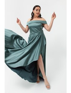 Lafaba Γυναικείο Τυρκουάζ Λαιμόκοψη Σκάφους Plus Size Σατέν Βραδινό Φόρεμα &; Φόρεμα χορού
