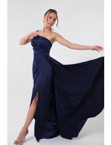 Lafaba Women's Navy Blue One-Shoulder Satin Evening & Prom Dress