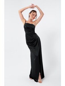 Lafaba Γυναικείο Μαύρο Ένας-Ώμος Σατέν Βραδινό Φόρεμα &; Φόρεμα χορού