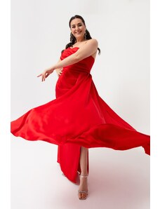 Lafaba Γυναικείο Κόκκινο Ένας-Ώμος Plus Size Σατέν Βραδινό &; Prom Φόρεμα