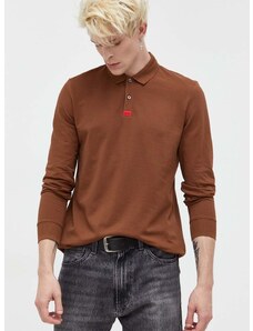 Βαμβακερή μπλούζα με μακριά μανίκια HUGO χρώμα: καφέ