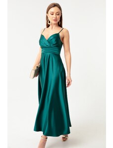 Lafaba Γυναικείο Σμαραγδένιο Πράσινο Σατέν Μίντι Βραδινό Φόρεμα &; Φόρεμα Prom με Λουράκια Σχοινιού και Ζώνη Μέσης.