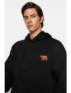 Trendyol Black Oversize/Wide-Fit Hooded Animal Embroidery Fleece Cotton Sweatshirt