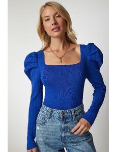 Happiness İstanbul Women's Blue Square Collar Corduroy Knitwear Blouse