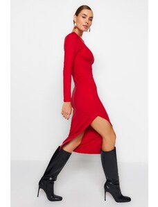 Trendyol Κόκκινο Crew-neck Εφαρμοστό Midi Πλεκτό Φόρεμα Με Βαθιές Σχισμές