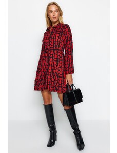 Trendyol Claret Red Crepe/Textured Print Polo Neck Skater/Άνοιγμα ζώνης στη μέση Μίνι πλεκτό φόρεμα