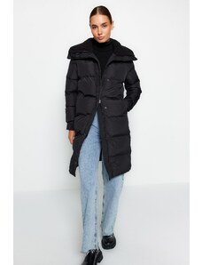 Trendyol μαύρη υπερμεγέθης ραβδωτή λεπτομέρεια γιακά, υδατοαπωθητικό μακρύ φουσκωτό παλτό