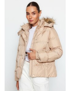 Trendyol μπεζ γούνα φουσκωτό παλτό με κουκούλα