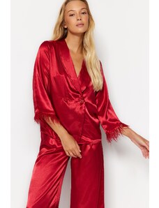 Trendyol Burgundy Feather Detailed Satin Shirt-Pants Woven Pajamas Set