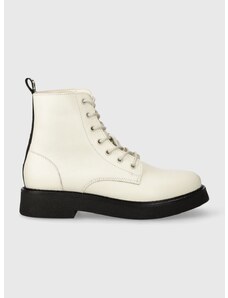 Δερμάτινες μπότες Tommy Jeans TJW LACE UP FLAT BOOT γυναικείες, χρώμα: άσπρο, EN0EN02310 F3EN0EN02310