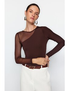 Trendyol Brown Tulle Detailed Snap Snap Elastic Knitted Bodysuit