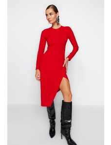 Trendyol Κόκκινο Crewneck Πλεκτό Midi Φόρεμα με Σχισμή Λεπτομέρεια Εφαρμοστό Σώμα