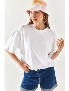 Olalook Women's White Cotton T-Shirt with Gold Buttons on the Shoulder