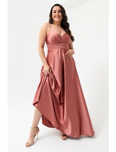 Lafaba Γυναικείο Σολομό Plus Size Σατέν Μακρύ Βραδινό Φόρεμα &; Φόρεμα χορού με Λουράκια Κλωστής