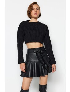 Trendyol Black Faux Leather Skirt with Frill Tie Tie Detail Mini Woven Skirt