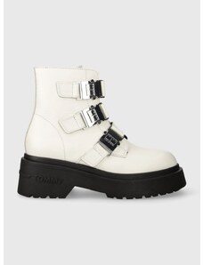 Δερμάτινες μπότες Tommy Jeans TJW CHUNKY BOOT HARDWARE γυναικείες, χρώμα: άσπρο, EN0EN02443 F3EN0EN02443
