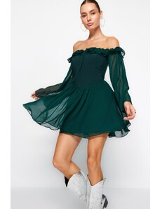 Trendyol Emerald Green Open Μέση/σκέιτερ Φόδρα Flounce Σιφόνι Κομψό βραδινό φόρεμα