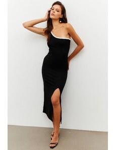Cool & Sexy Γυναικείο Μαύρο Σωρό Μίντι Φόρεμα με Έναν Ώμο