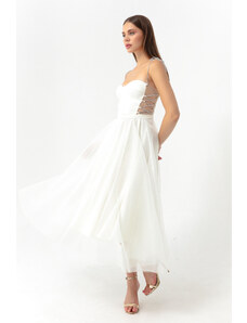 Lafaba Women's White Stone Straps, Flare Cut Midi Evening Dress