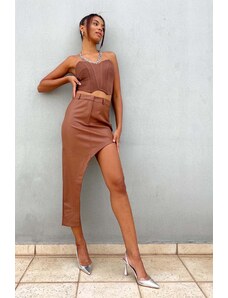 Joy Fashion House Back up μίντι φούστα από οικολογικό δέρμα taba