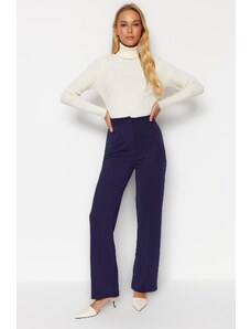 Trendyol Navy Blue Ribbed High Waist Straight Fit Πλεκτό Παντελόνι
