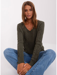 Fashionhunters Khaki women's sweater with cables