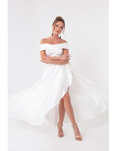 Lafaba Γυναικείο Λευκό Bateau Neck Σατέν Βραδινό &; Prom φόρεμα