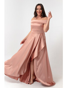 Lafaba Γυναικεία Πούδρα Plus Size Σατέν Βραδινό Φόρεμα &; Φόρεμα χορού με Κολάρο Σκάφους.