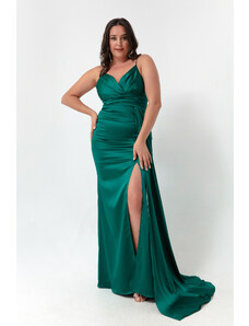 Lafaba Γυναικείο Σμαραγδένιο Πράσινο Plus Size Μακρύ Σατέν Βραδινό Φόρεμα &; Φόρεμα χορού