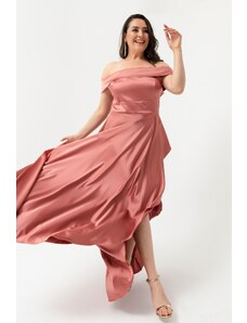 Lafaba Γυναικείο Σολομός Βάρκα Κολάρο Plus Size Σατέν Βραδινό φόρεμα &; Prom φόρεμα