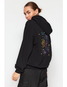 Trendyol Black Thick Fleece Hooded Printed Oversized/Cromatic Knitted Sweatshirt