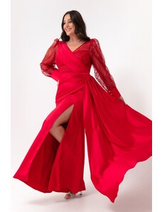 Lafaba Γυναικείο Κόκκινο V-Neck Plus Size Μακρύ Βραδινό Φόρεμα με Σχισμές στα μανίκια.