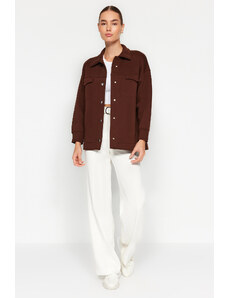 Trendyol Brown Oversize/Wide Fit Polo Μπουφάν με Τσέπες και Κουμπιά, Fleece Εσωτερικό Πλεκτό Μπουφάν