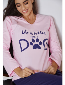 Comfort Πιτζάμα γυναικεία με πατούσα σκύλου και logo - ροζ