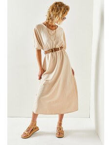 Olalook Γυναικείο Πέτρινο V-neck Φαρδύ Νυχτερίδα Φόρεμα με Ελαστική Μέση