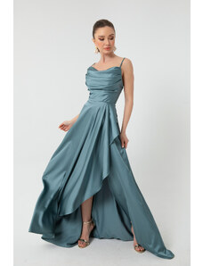 Lafaba Γυναικείο Μπλε Σατέν Βραδινό &; Prom Φόρεμα με Βολάν και Σχισμή