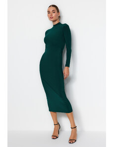 Trendyol Emerald Green Stand-up Collar Fitted/Located Maxi Stretch Knit Dress