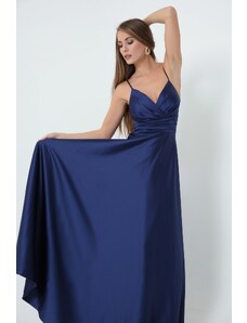 Lafaba Γυναικείο Navy Blue Βραδινό Φόρεμα &; Φόρεμα χορού Με Τιράντες Κλωστής και Ζώνη Μέσης Σατέν